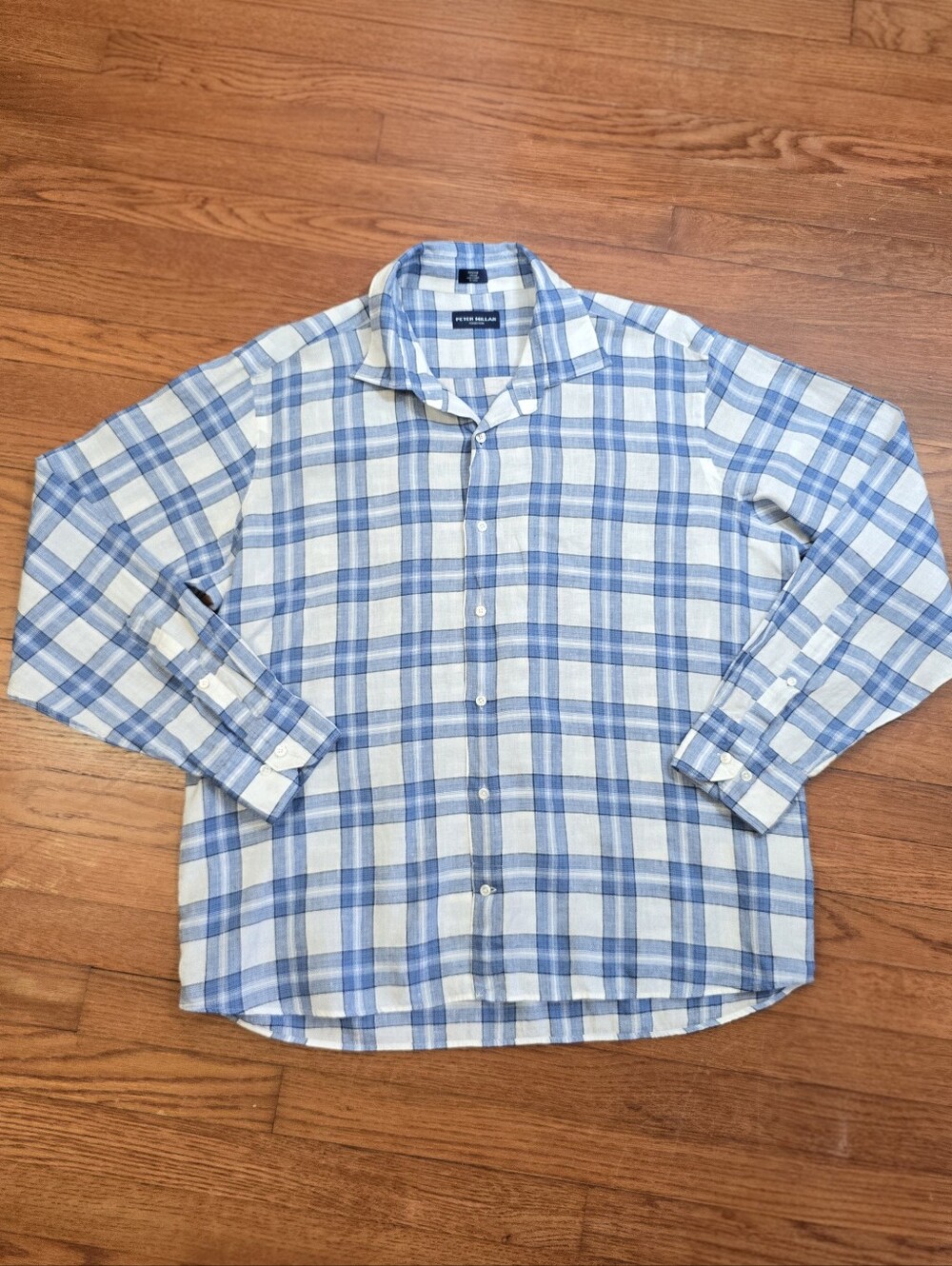 Peter Millar 100% Linen Blue Plaid Button Down Shirt Long Sleeve Sz. XL - Picture 3 of 15